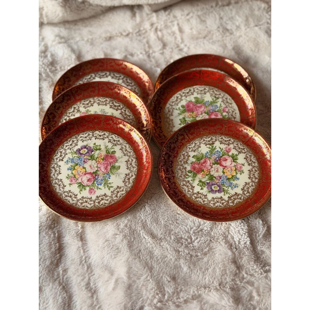 Vintage Floral Dessert Plates with Gold Detail Romantic Tableware set of 6 - Picture 5 of 9